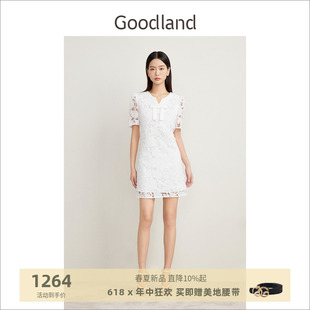 Goodland美地2024夏季新款优雅白色蕾丝连衣裙女短款蝴蝶结设计