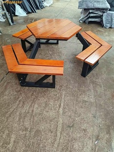 定制户外桌椅休闲圆桌六边形实木塑木桌子公园棋牌桌组合景区室外
