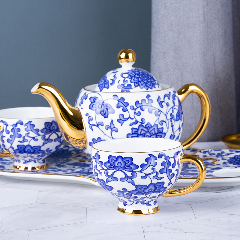 如意蓝连花一人悦享茶具三件组套装骨瓷欧式茶壶茶杯托盘下午茶具