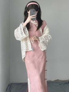 新中式国风小个子旗袍新款2024秋季改良少女年轻款粉色长袖连衣裙