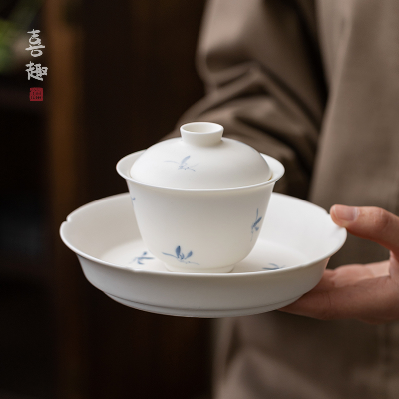 喜趣  手绘兰花盖碗茶杯单个白瓷三才茶碗带盖功夫茶具陶瓷泡茶器