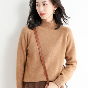 羊毛混纺2024春季新短款女士韩版高领套头宽松纯色针织打底衫毛衣