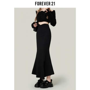 Forever 21法式黑色性感鱼尾半身裙女高腰侧开叉包臀裙辣妹长裙子