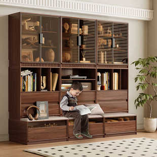 实木组合书柜黑胡桃木玻璃展示柜一体整墙展示柜带卡座客厅储物柜