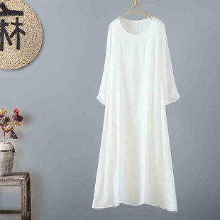 夏季新款宽松大码白色连衣裙九分袖圆领长款纯色简约A字裙打底裙