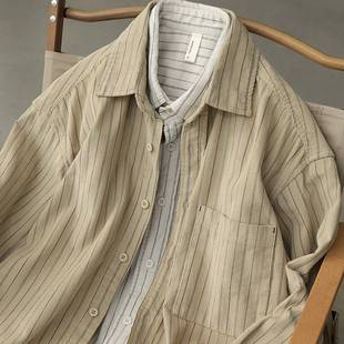 灯芯绒竖条纹长袖衬衫男春季日系复古米白色宽松慵懒工装休闲衬衣