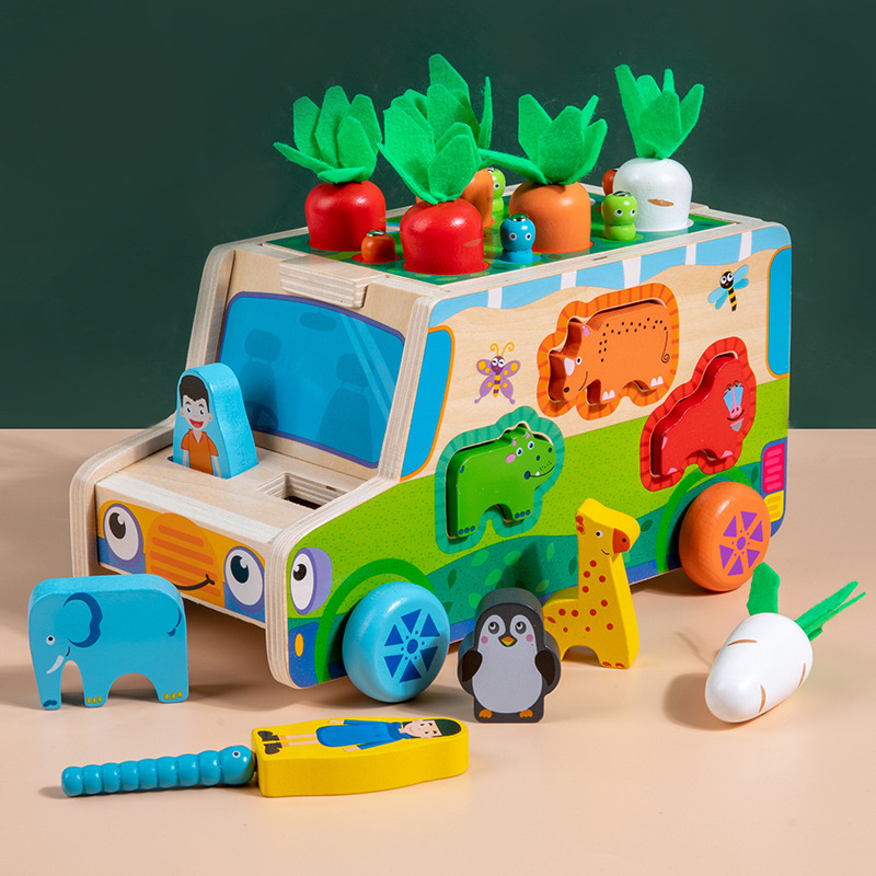 幼儿益智木制玩具儿童拖拉拔萝卜车形状颜色认知配对拖车走位游戏