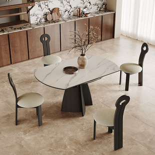 方圆两用岩板餐桌可伸缩小户型黑色意式极简方形变圆形实木餐桌