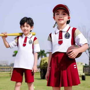 小学生夏季校服短袖两件套儿童红色学院风柔软班服幼儿园夏装园服