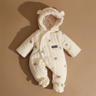 新生婴儿衣服秋冬季棉服兔宝宝连体衣绒加厚套装包脚外出抱衣冬装