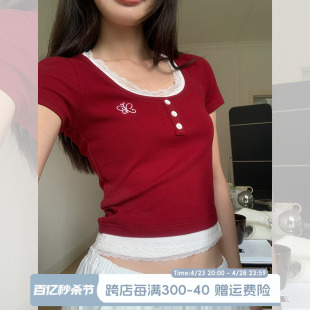 宋正恩红色t恤女正肩短袖夏季假两件蕾丝修身显瘦蝴蝶结短款上衣