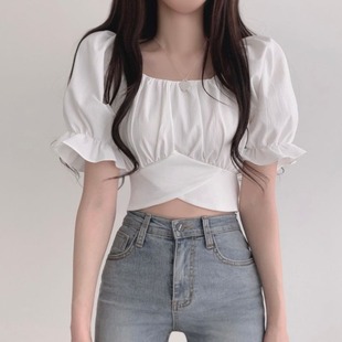 韩国chic法式小众方领泡泡袖蝴蝶结系带收腰高腰露脐短款衬衫上衣