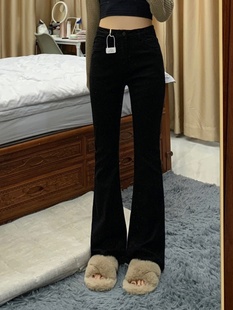 黑色高腰直筒牛仔裤女春季小个子梨形身材显瘦高街美式微喇叭裤子