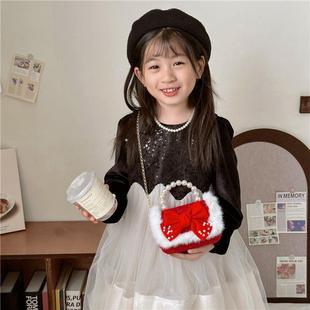 新年红儿童公主宝宝拜年小包包时尚珍珠手提包可爱女童单肩斜挎包