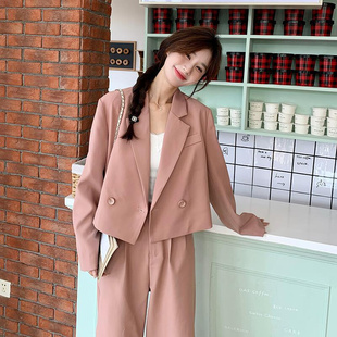 粉色小西装外套女套装韩版宽松小个子休闲西服两件套2024春季新款