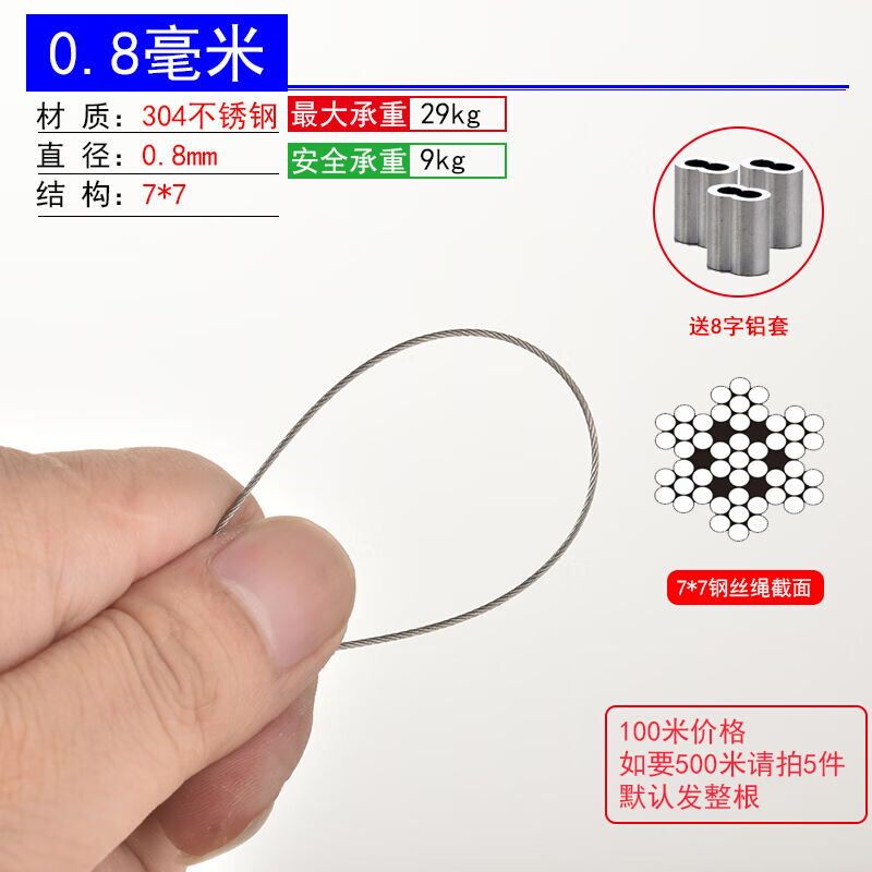 明哲304不锈钢绳11.523456mm粗晾衣架钢丝包塑软细晒衣钢丝绳0.8m