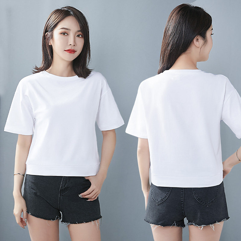 纯白色落肩短袖t恤女夏季短款宽松纯棉圆领体恤大码显瘦百搭上衣