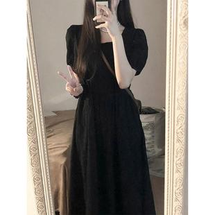 法式赫本风泡泡袖黑色连衣裙女夏季2024新款收腰长裙小个子高级感