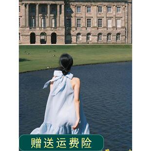 法式蓝色网纱挂脖吊带连衣裙女夏季无袖仙女长裙海边度假沙滩裙子