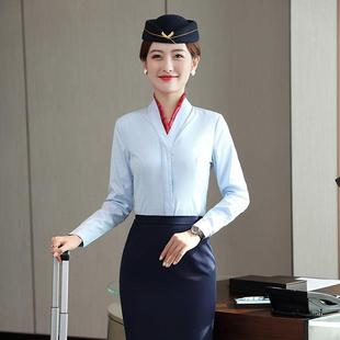 职业装空乘艺考面试正装空姐制服v领短袖白衬衫女长袖工作服衬衣