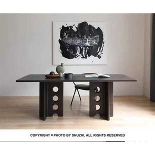 北欧原木侘寂风餐桌黑色复古办公桌书桌设计师长方形工作台会议桌