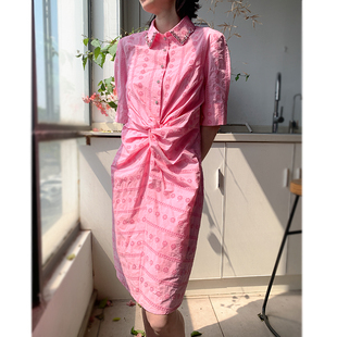 衬衫裙女设计感小众高端修身显瘦遮肚收腰粉色绣花全棉连衣裙夏季
