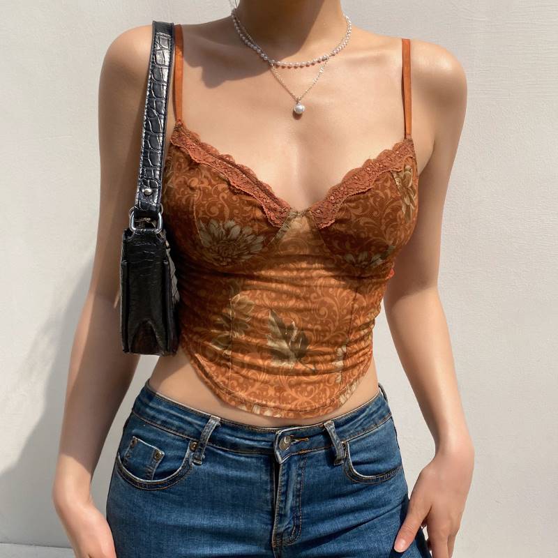 新品Summer Fashion Mesh Print  Slim Fit Sexy Backless Camiso