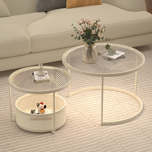 新款侘寂风沙发客厅家用一体组合茶几小户型钢化玻璃圆几简约现代