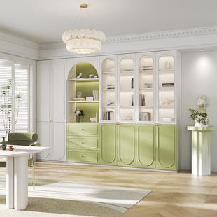 新品书柜展示柜一体整墙家用法式奶油风带玻璃门实木组合柜收纳储