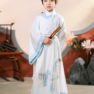 现货速发儿童古装汉服圆领长衫男女中国风白色仙气大袖国学服演出