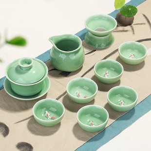 青瓷茶具套装年年有鱼盖碗茶杯泡茶壶家用翡翠绿功夫整套陶瓷器具