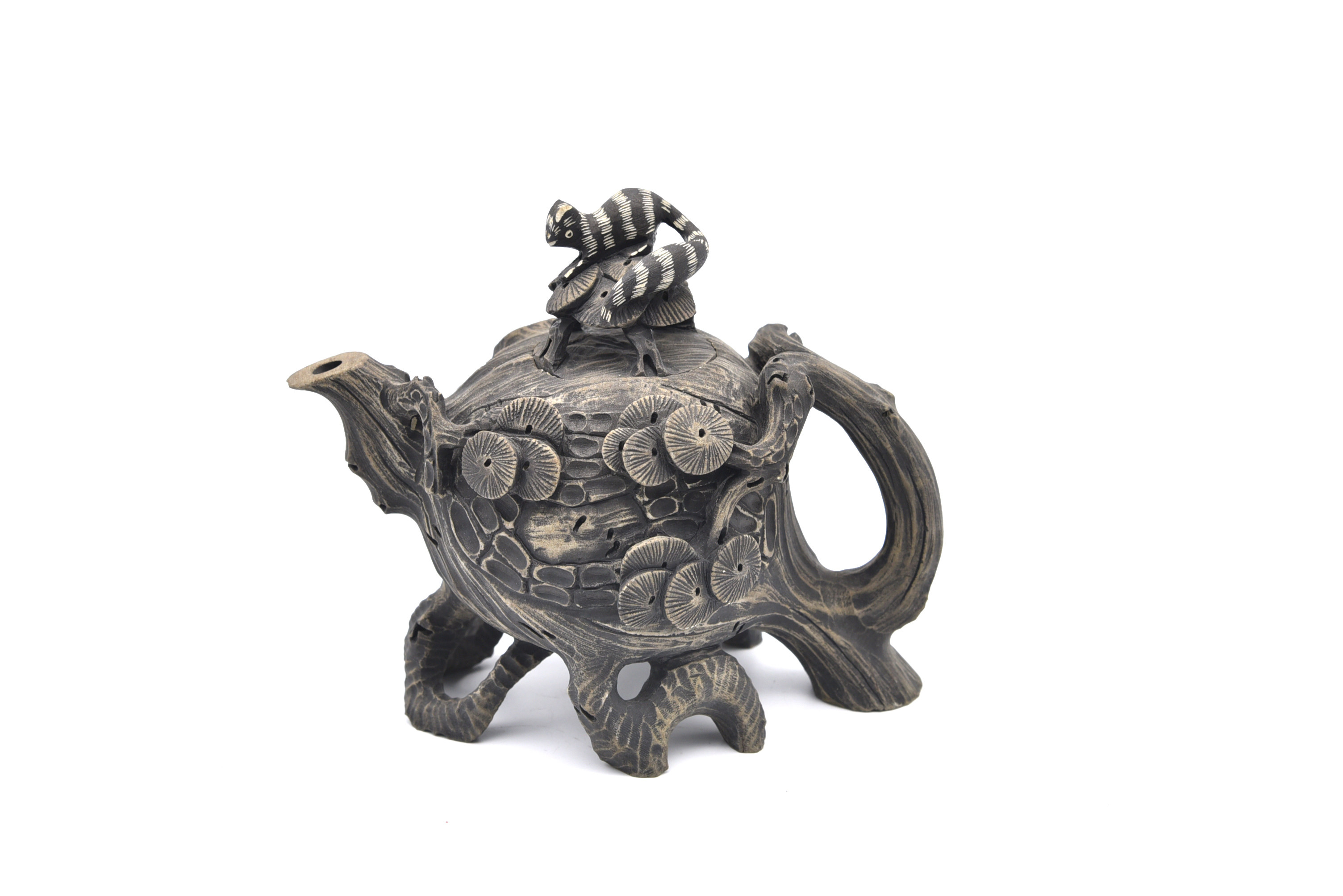 藏书澄泥石雕柏桩松树茶壶