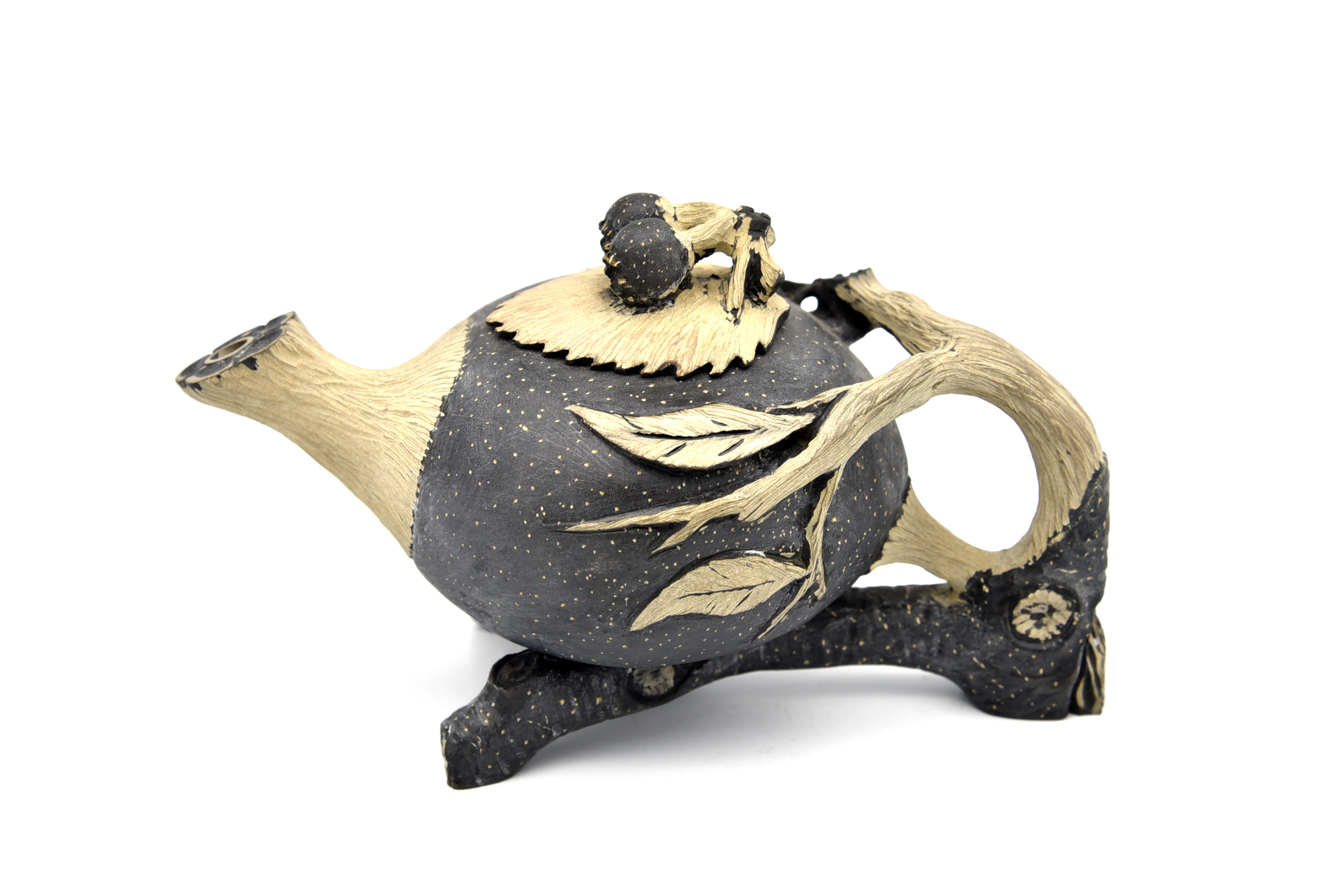 藏书澄泥石雕多子多福茶壶