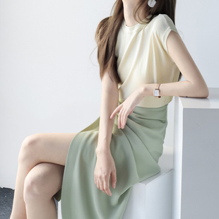 高货韩版圆领冰丝针织短袖t恤女装夏季设计感小众打底衫薄款纯色