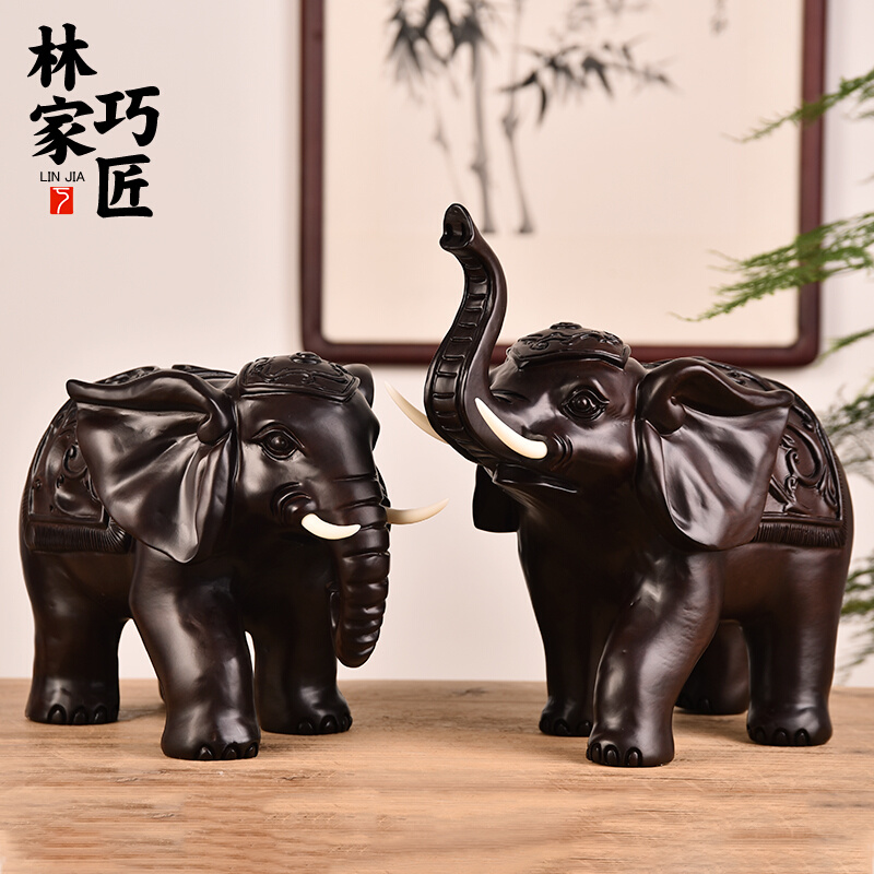 黑檀木雕大象摆件一对象元宝实木大象客厅办公室家居饰品摆设