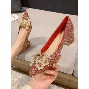 红色婚鞋女婚纱秀禾两穿新娘鞋2024年新款法式水晶高跟鞋粗跟单鞋