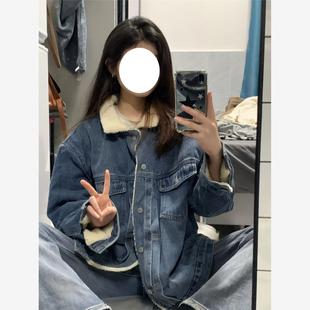 美式复古羊羔毛牛仔外套女冬加绒2023年新款宽松翻领薄款棉服夹克