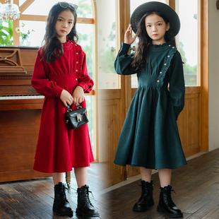女童连衣裙秋冬款韩版中大童亲子装修身复古高领中长款加绒裙子