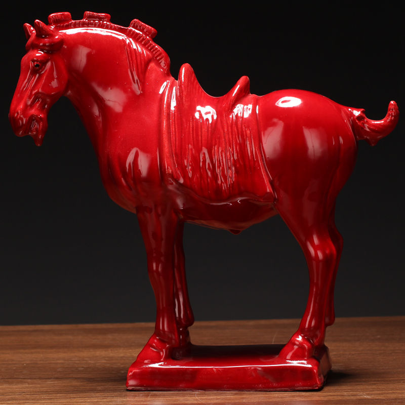 四腿着地六骏马陶瓷正红色的马摆件枣红色小马桌面摆设瓷器吉祥物