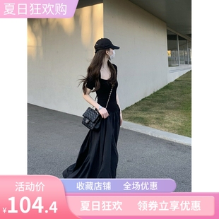 高个子加长黑色短袖连衣裙女夏款方领气质超长款大摆裙高级感长裙