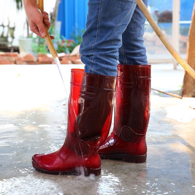 钓鱼雨靴没布45雨鞋防水胶鞋工地防滑男士高筒洗车46码水鞋红色