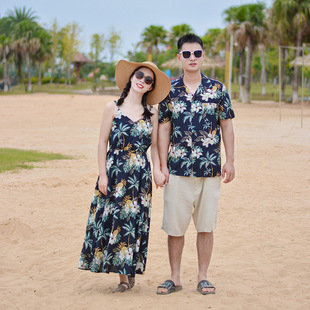 三亚旅行情侣装夏装男夏威夷花衬衫海边度假女沙滩连衣裙一衣一裙