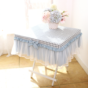 粉色格子公主风蕾丝纯棉长方形桌布餐桌布台布床头柜罩茶几罩柜罩