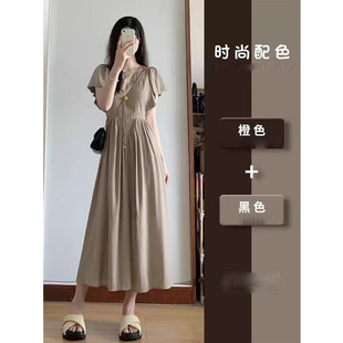 法式复古连衣裙子女夏季韩系设计感小众收腰显瘦气质长裙复古风