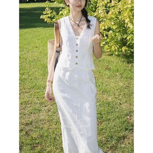 白色亚麻马甲套装女2024夏季新款小香风时尚棉麻背心半身裙两件套