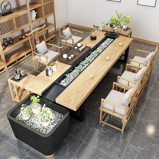 新中式流水茶桌椅组合办公茶室接待桌美容院景观实木茶几禅意茶台
