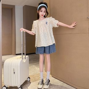 巴拉巴柆韩系女童夏季短袖T恤牛仔短裤娃娃衫夏款套装中大童时髦