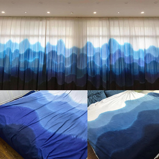 定制草木染蓝染扎染新中式现代北欧日式和风棉麻窗帘布料卧室客厅