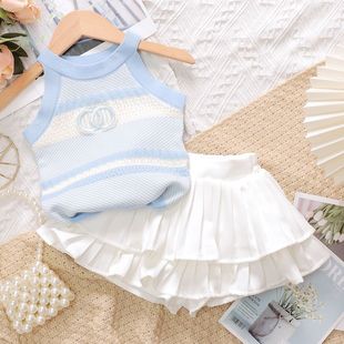巴拉巴柆韩系女童夏季套装2024新款洋气时髦宝宝针织背心短袖儿童