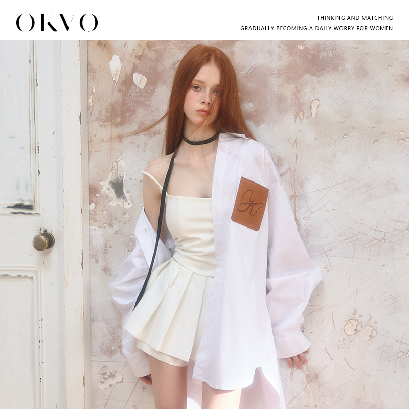 OKVO‘西野暮色’蝴蝶皮翻袋长袖衬衫宽松休闲原创设计春 女 黑白